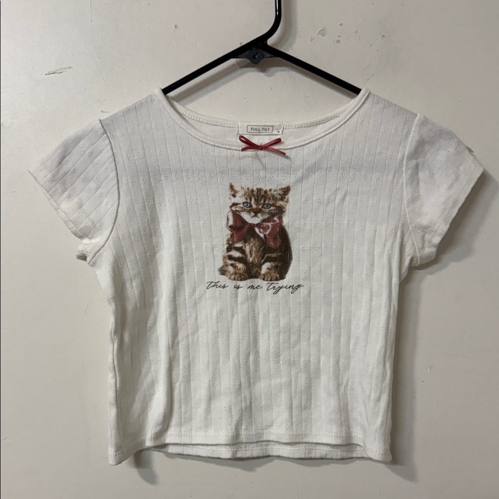 Full Tilt White Tee with Cat and Red Bow